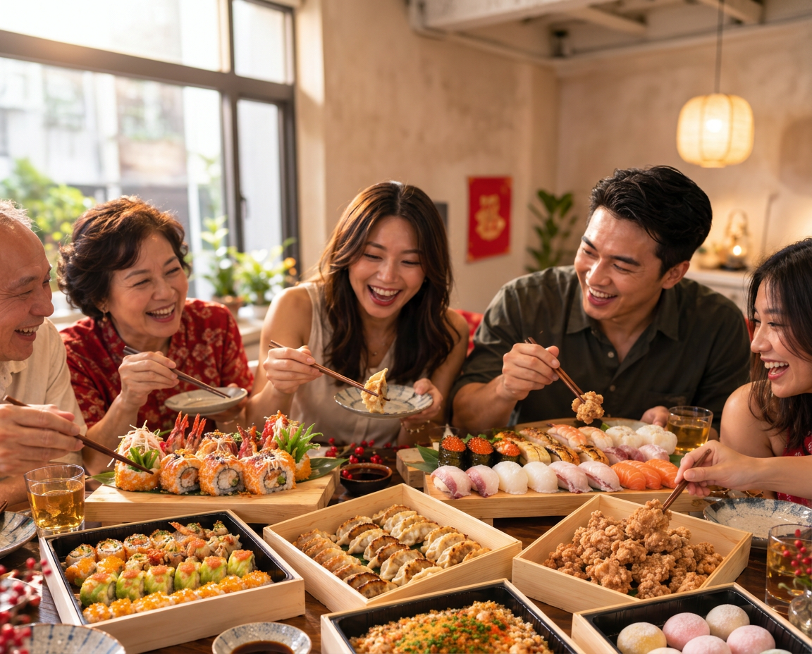 Family and friends laughing around a table full of sushi, maki, karaage and gyoza platters